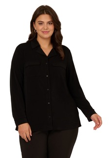 Adrianna Papell Women's Plus Size Knit Utility Top with Long Sleeves and Chest Pockets