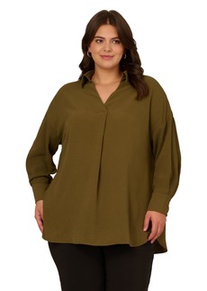 Adrianna Papell Women's Plus Size Textured Airflow V-Neck Johnny Collar Blouse