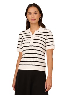 Adrianna Papell Women's Pointelle Short Sleeve Polo Striped V-Placket Sweater