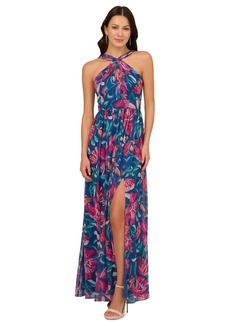 Adrianna Papell Women's Printed Chiffon Halter Gown - Navy Multi
