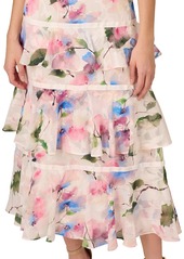Adrianna Papell Women's Printed Straight-Neck Tiered Chiffon Dress - Ivory Pink
