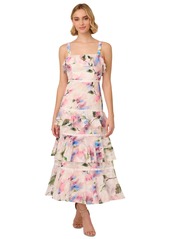 Adrianna Papell Women's Printed Straight-Neck Tiered Chiffon Dress - Ivory Pink