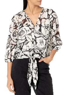 Adrianna Papell Women's Printed V-Neck Long Sleeve Top W/Tie Front