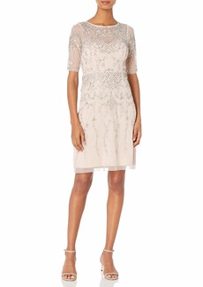 Adrianna Papell Women's Short Sleeve Beaded Cocktail Dress with Illusion Neckline