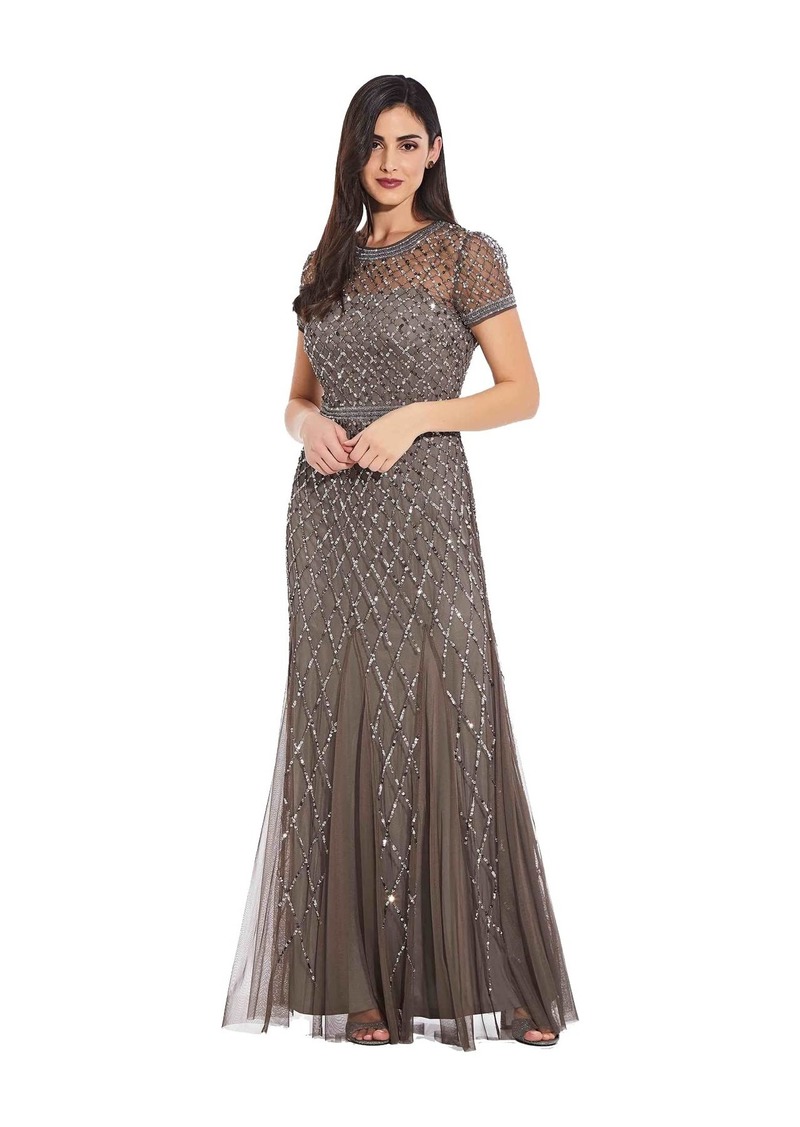 ADRIANNA PAPELL SHORT SLEEVE SEQUIN MESH GOWN 