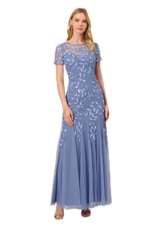 Adrianna Papell Women's Short-Sleeve Floral Beaded Godet Gown