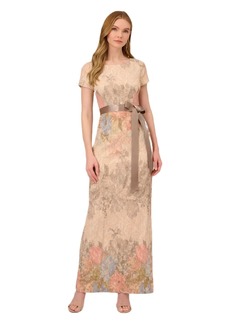 Adrianna Papell Women's Short-sleeve Floral Matteleasse Column Gown
