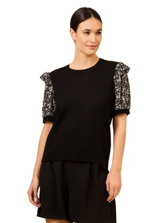 Adrianna Papell Women's Short Sleeve Printed Ruffle Shoulder Crew Neck Sweater Black W/Black Flourish Floral