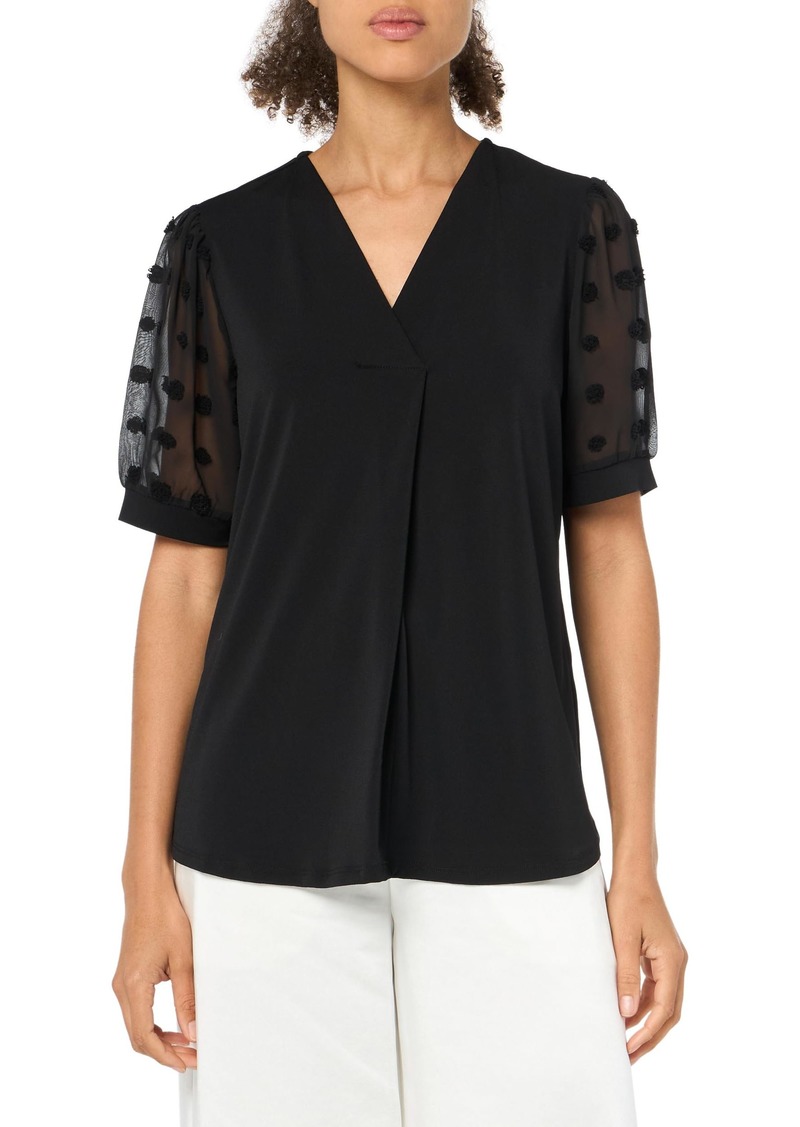Adrianna Papell Women's Solid Knit V-Neck Clip Dot Chiffon Top