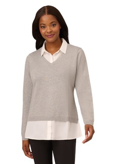 Adrianna Papell Women's Solid V-Neck Twofer Sweater