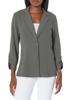 Adrianna Papell Women's Tall Size Printed Ruched 3/4 Sleeve One Button Notch Blazer Park Green/Ivory Stripe