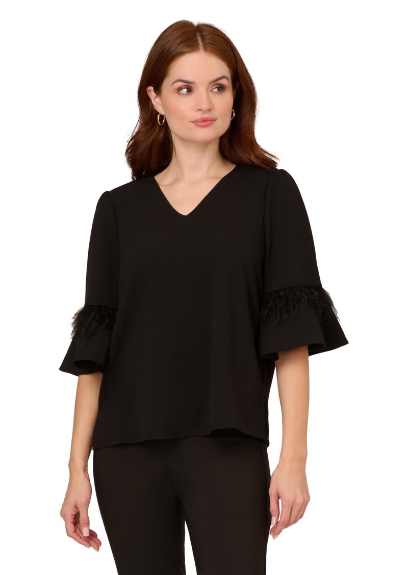 Adrianna Papell Women's V-Neck Elbow Sleeve to W/Ruffle & Feather Trim