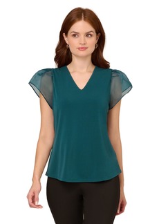 Adrianna Papell Women's V-Neck Knit Top with Organza Flutter Sleeves