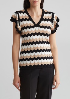 Adrianna Papell Zigzag Stripe Short Sleeve Pointelle Sweater in Black/Latte/Latte at Nordstrom Rack