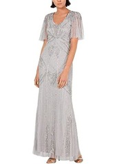 Adrianna Papell Women's Beaded Mermaid Dress with Flutter Sleeves