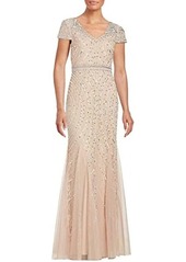 Adrianna Papell Cap Sleeve Beaded Lace Godet Gown