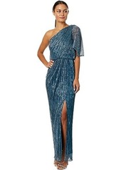 Adrianna Papell Crinkle Metallic Mesh One Shoulder Column Gown