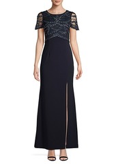 Adrianna Papell Embellished Mesh-Sleeve Gown