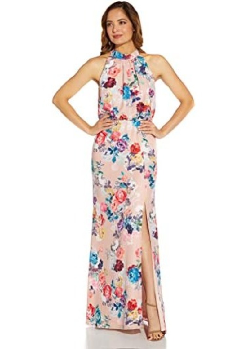 Adrianna Papell Floral Satin Jacquard Halter Neck Gown