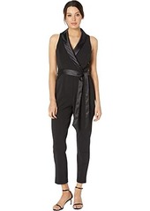 Adrianna Papell Knit Crepe Wrap Top Sleeveless Jumpsuit with Stretch Charmeuse Collar