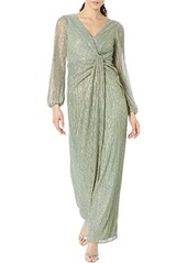 Adrianna Papell Long Sleeve Crinkle Metallic Gown with Draped Waist Detail