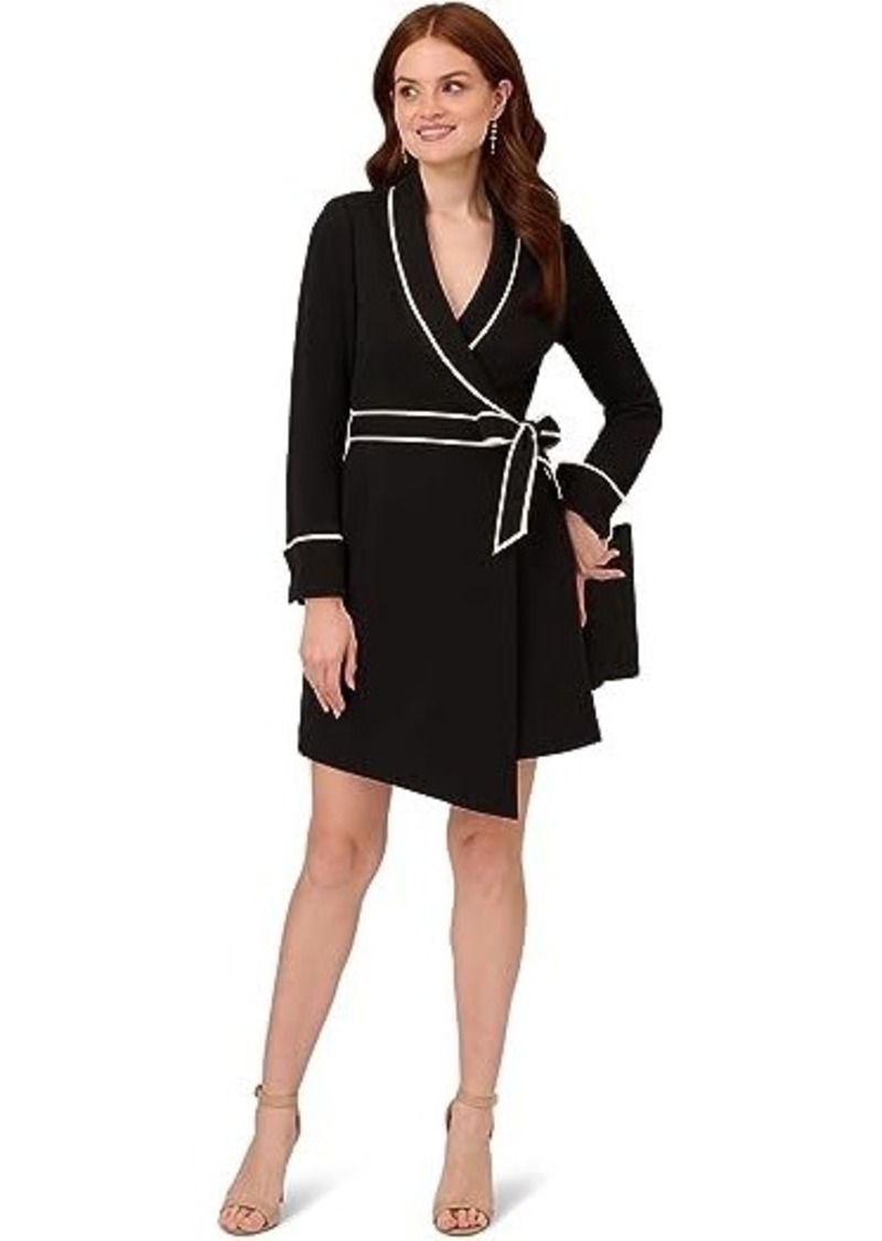 Adrianna Papell Long Sleeve Stretch Crepe Tuxedo Dress with Ivory Contrast Piping