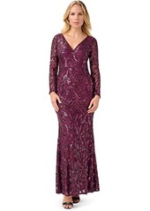 Adrianna Papell Long Sleeve Stretch Sequin Mermaid Gown