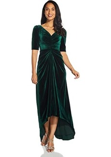 Adrianna Papell Long Stretch Velvet Gown with Shirred Detail and Elbow Sleeve