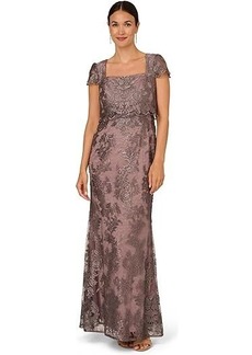 Adrianna Papell Metallic Embroidered Pop Over Mob Gown