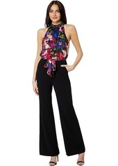 Adrianna Papell Mock Neck Printed Floral Halter Jumpsuit with Solid Black Bottom