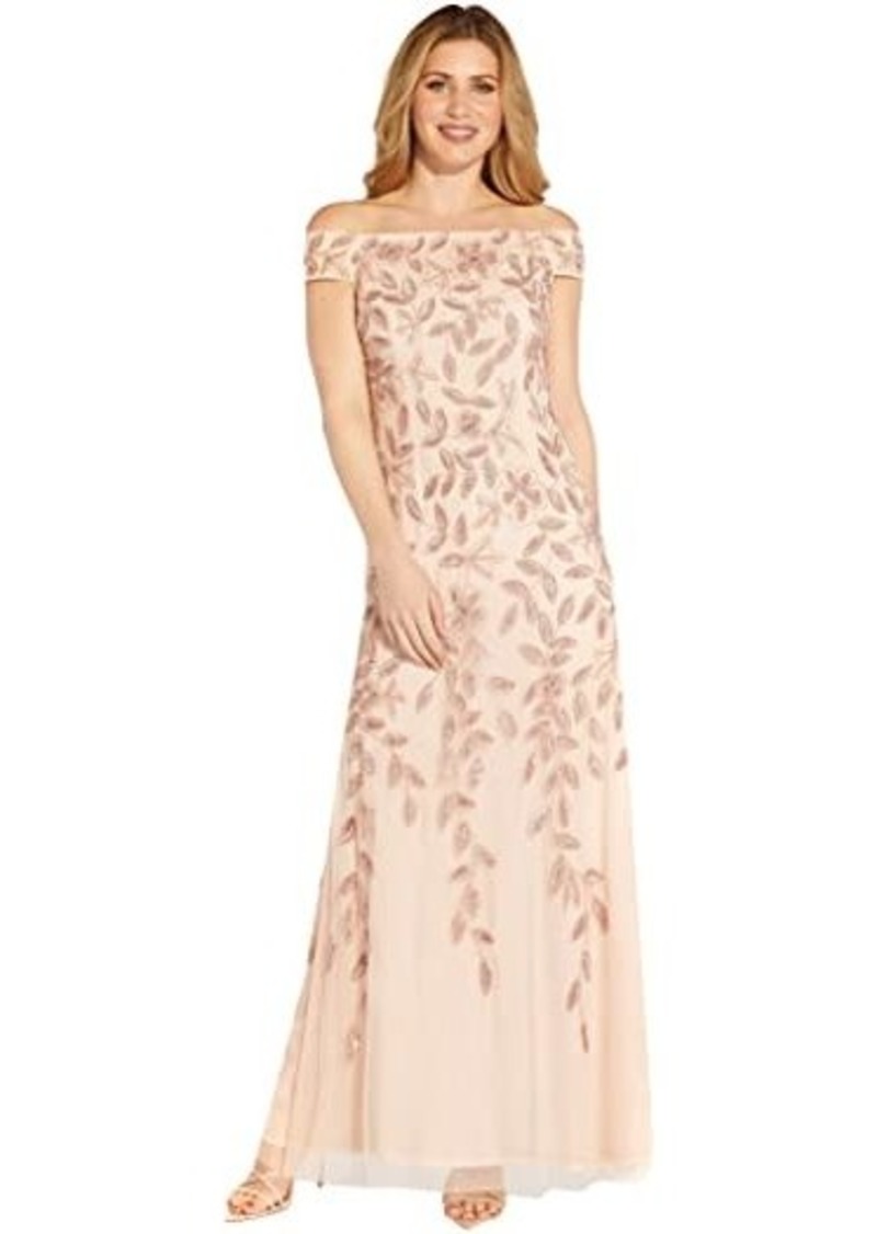 Adrianna Papell Off-the-Shoulder Beaded Long Gown