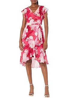 Adrianna Papell Printed Floral Chiffon Side Wrap Dress with Cascade Ruffle