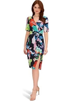 Adrianna Papell Printed Stretch Crepe Chiffon Short Sleeve Side Wrap Dress