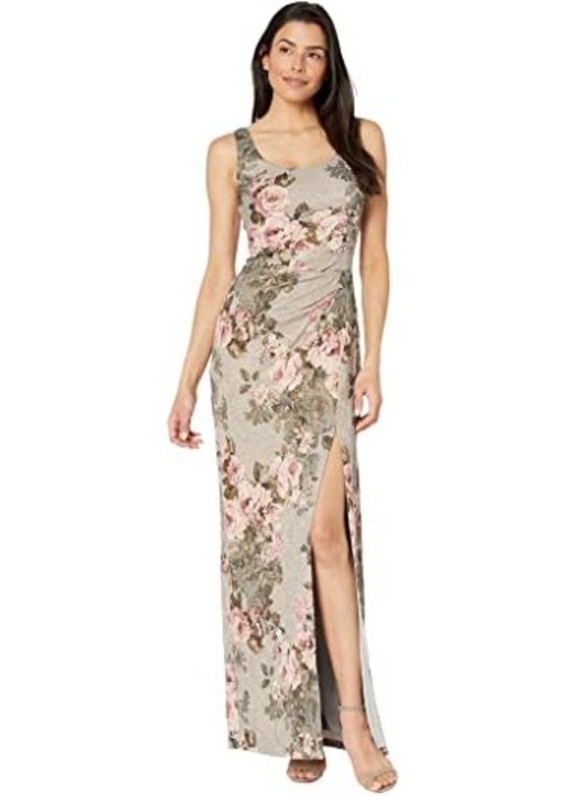 Adrianna Papell Printed Stretch Metallic Matte Laisse Long Column Gown