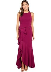 Adrianna Papell Sleeveless Long Knit Crepe Gown with Cascade Skirt Detail