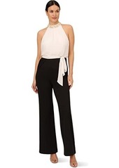 Adrianna Papell Stretch Crepe Chiffon Blouson Jumpsuit with Pearl Necklace