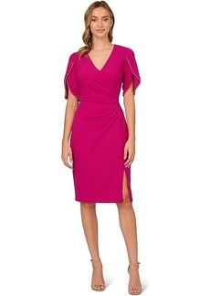 Adrianna Papell Stretch Crepe Side Ruched Dress with Pearl Trim Sleeves