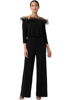 Adrianna Papell Stretch Jersey Blousson Jumpsuit with Feather Trim