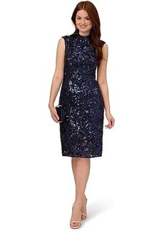Adrianna Papell Stretch Sequin & Lace Mock Neck Cocktail Dress