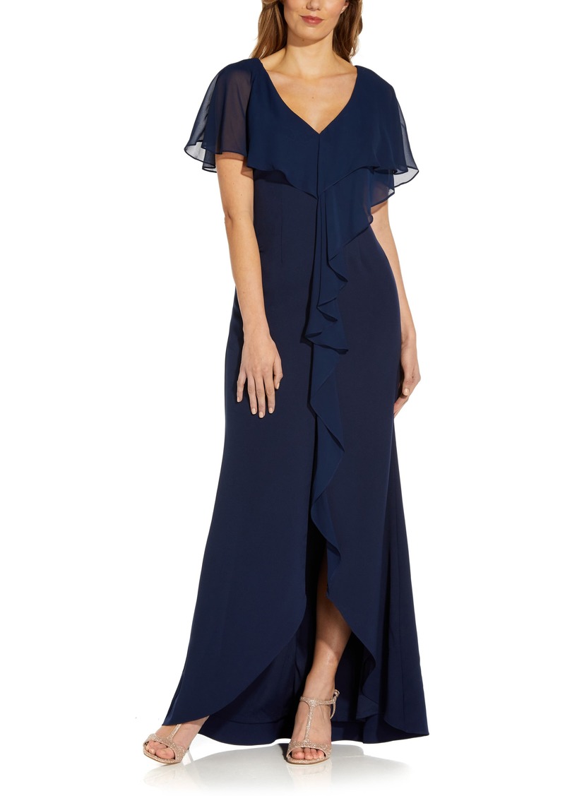 Adrianna Papell Chiffon Overlay Crepe Mermaid Gown in Navy at Nordstrom