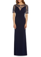 Adrianna Papell Embroidered Illusion Lace Stretch Jersey Mermaid Gown in Midnight at Nordstrom