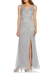 Adrianna Papell Metallic Floral Stencil Mesh Draped Gown in Silver at Nordstrom