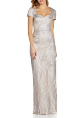 Adrianna Papell Ribbon Embroidery Column Gown in Silver/Nude at Nordstrom