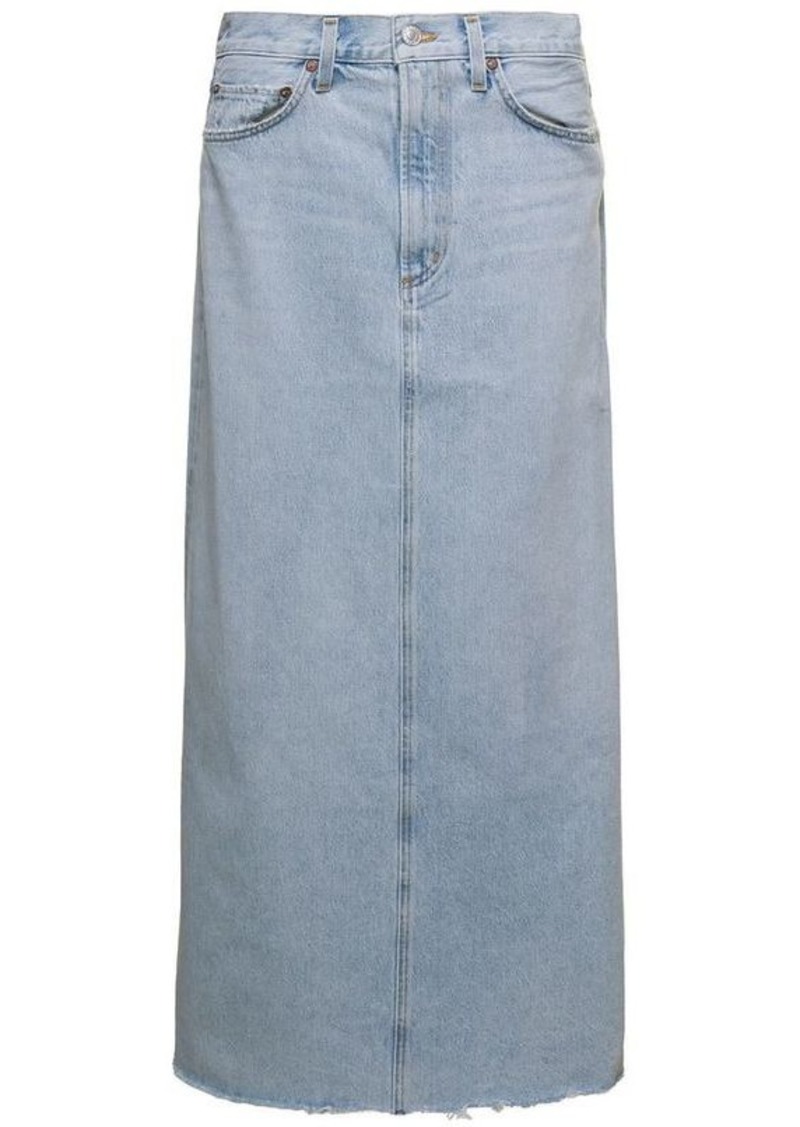 Agolde 'Hilla' Maxi Light Blue Skirt with Branded Button and Rear Split in Cotton Denim Woman