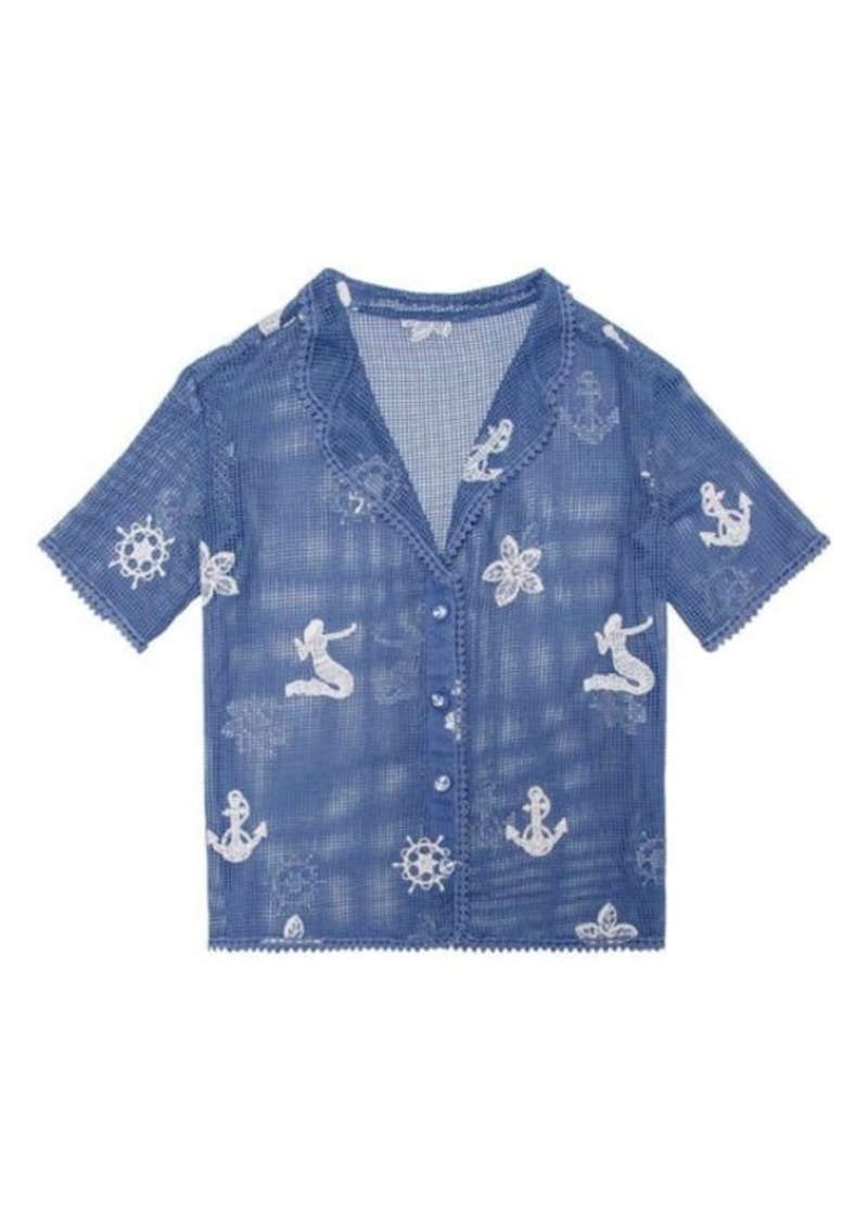 Agua Bendita Axel Kai Crochet Trim Sheer Cotton Cover-Up Button-Up Shirt