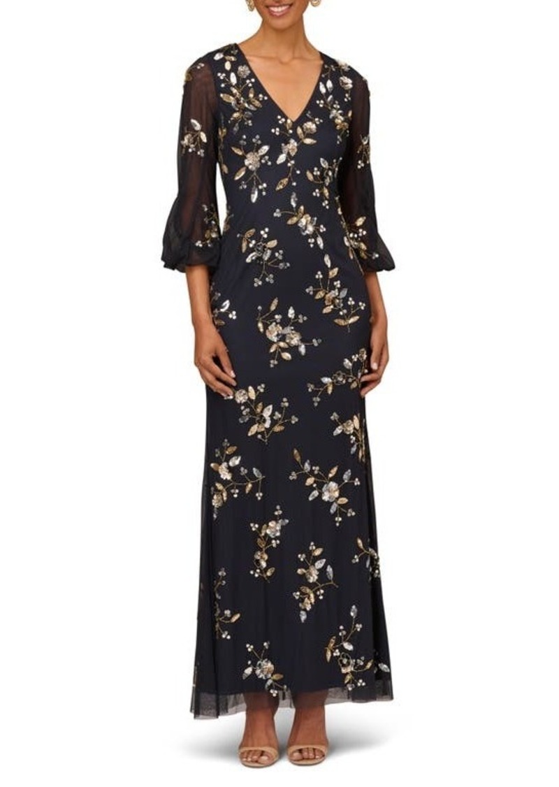 Aidan Mattox by Adrianna Papell Beaded Floral V-Neck Gown