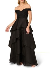 Aidan Mattox by Adrianna Papell Lace & Organza Off the Shoulder Ballgown