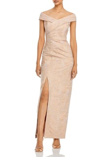 Aidan Mattox Pleated Off The Shoulder Jacquard Gown