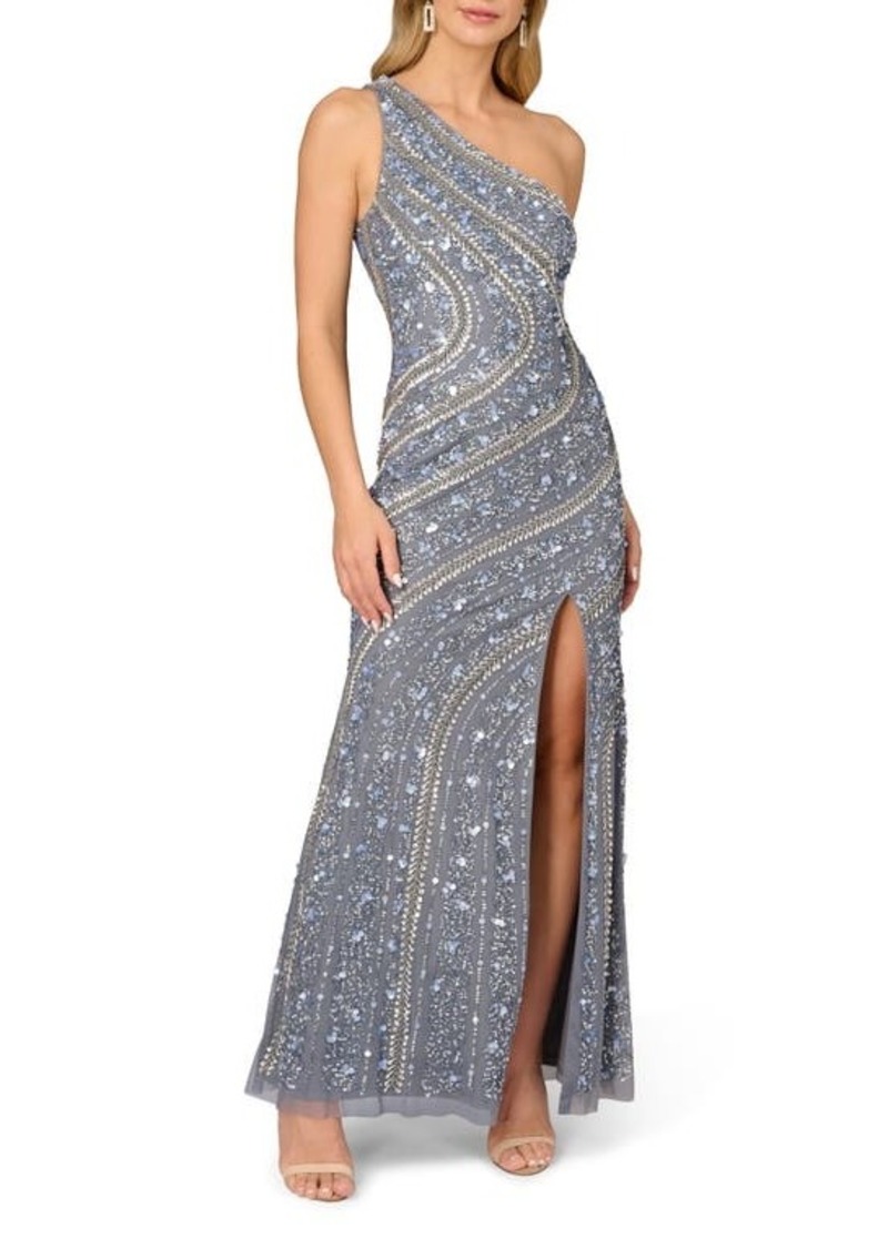 Aidan Mattox by Adrianna Papell Sequin & Bead Detail One-Shoulder Gown