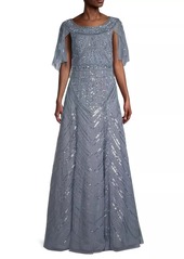 Aidan Mattox Beaded Cape A-Line Gown